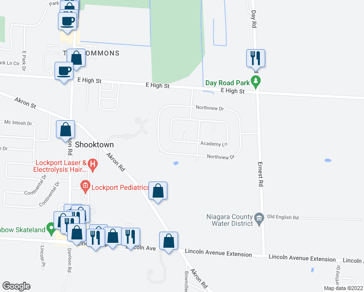map of restaurants, bars, coffee shops, grocery stores, and more near 7089 Academy Lane in Lockport