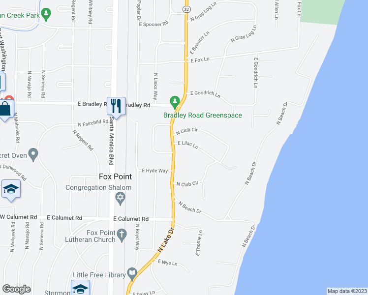 map of restaurants, bars, coffee shops, grocery stores, and more near 1107 East Lilac Lane in Fox Point