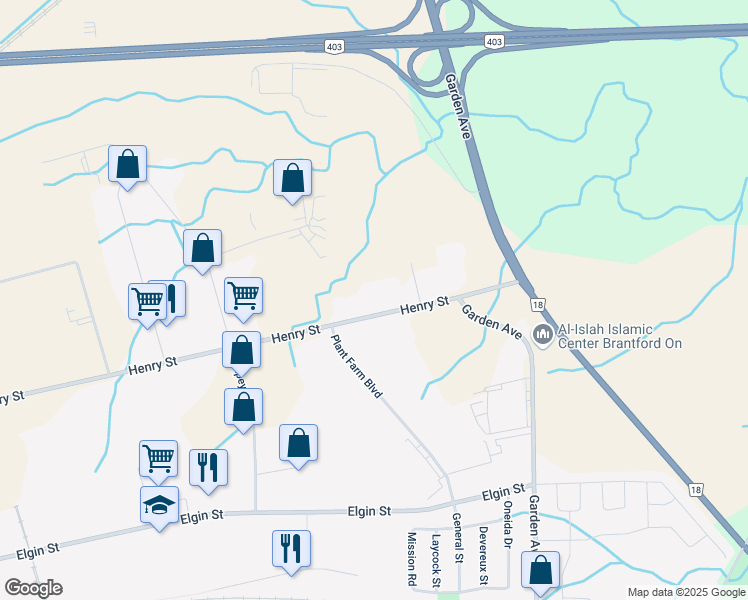 map of restaurants, bars, coffee shops, grocery stores, and more near 419 Henry Street in Brantford