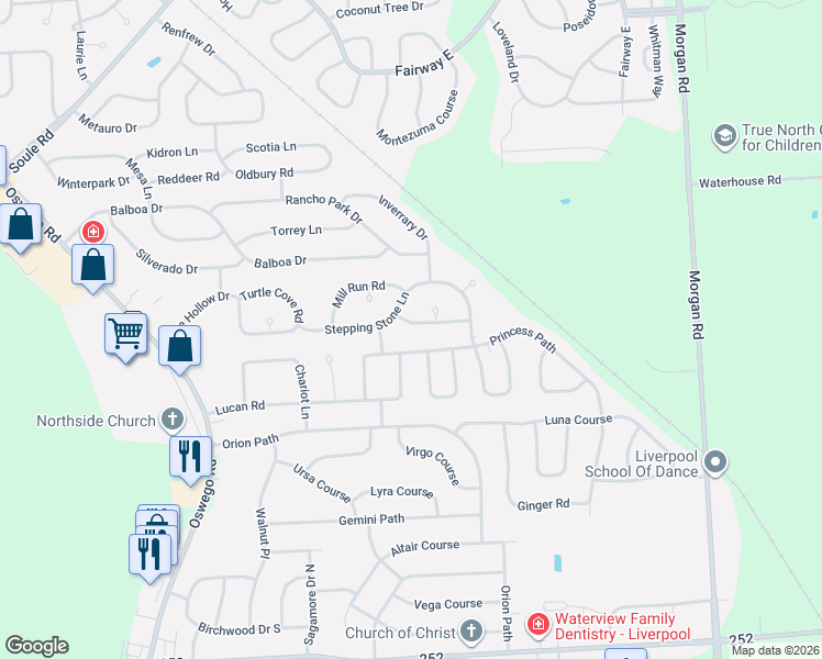 map of restaurants, bars, coffee shops, grocery stores, and more near 4254 Vine Meadow Road in Liverpool
