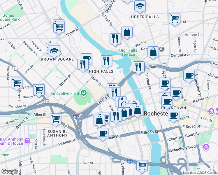 map of restaurants, bars, coffee shops, grocery stores, and more near 218 State Street in Rochester