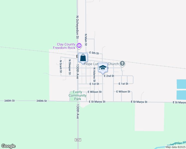 map of restaurants, bars, coffee shops, grocery stores, and more near 107 E 2nd St in Everly
