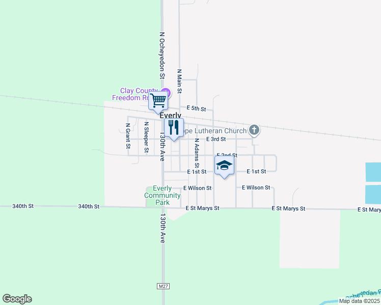 map of restaurants, bars, coffee shops, grocery stores, and more near 107 E 2nd St in Everly