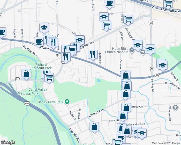 map of restaurants, bars, coffee shops, grocery stores, and more near 18 Ravine Road in St. Catharines