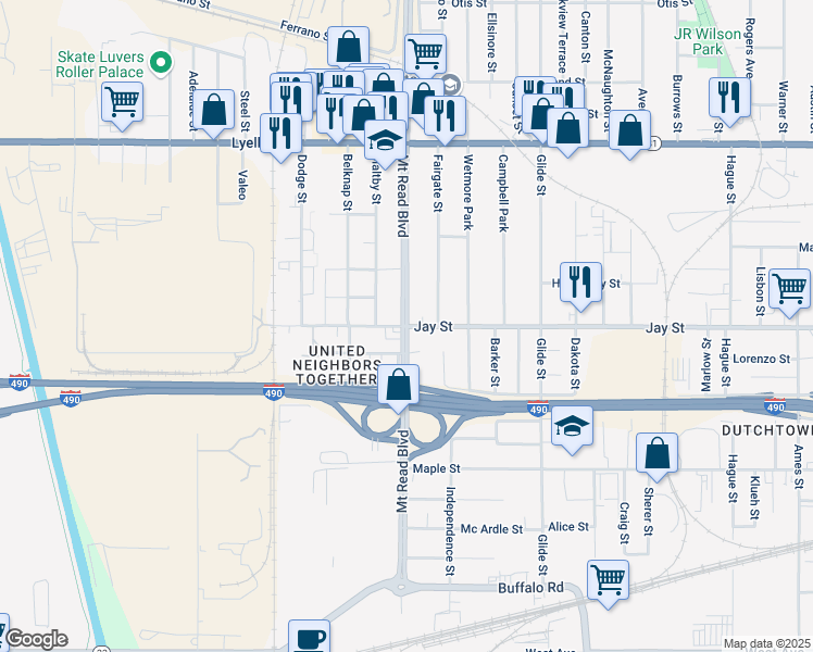 map of restaurants, bars, coffee shops, grocery stores, and more near Mt Read Blvd & Jay St in Rochester