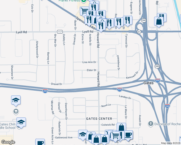 map of restaurants, bars, coffee shops, grocery stores, and more near 47 Elder St in Rochester