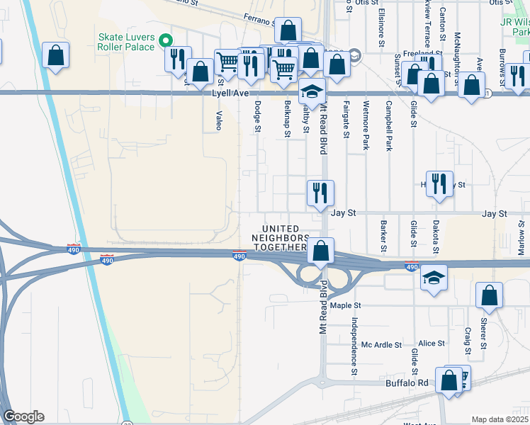 map of restaurants, bars, coffee shops, grocery stores, and more near 127 Rochester Street in Rochester