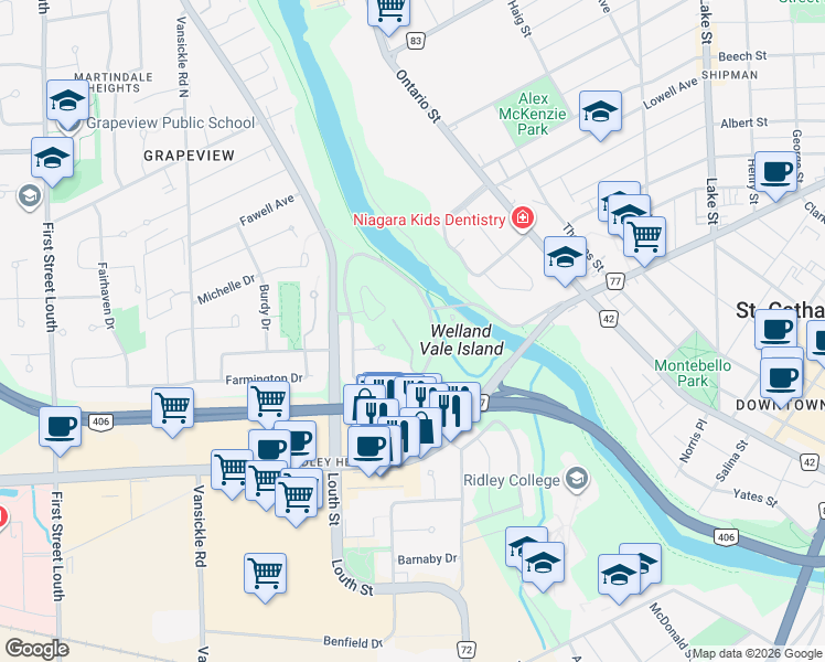 map of restaurants, bars, coffee shops, grocery stores, and more near in St. Catharines