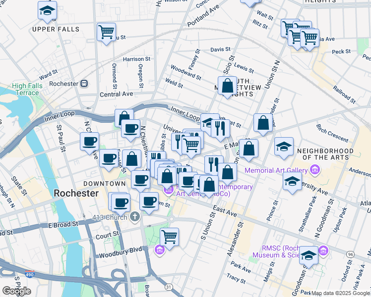 map of restaurants, bars, coffee shops, grocery stores, and more near 38 Windsor Street in Rochester