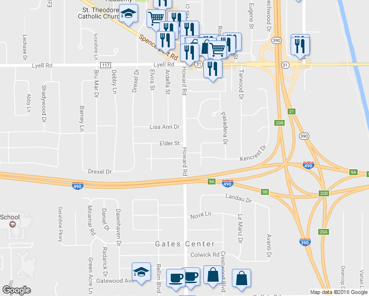 map of restaurants, bars, coffee shops, grocery stores, and more near 294 Howard Road in Rochester