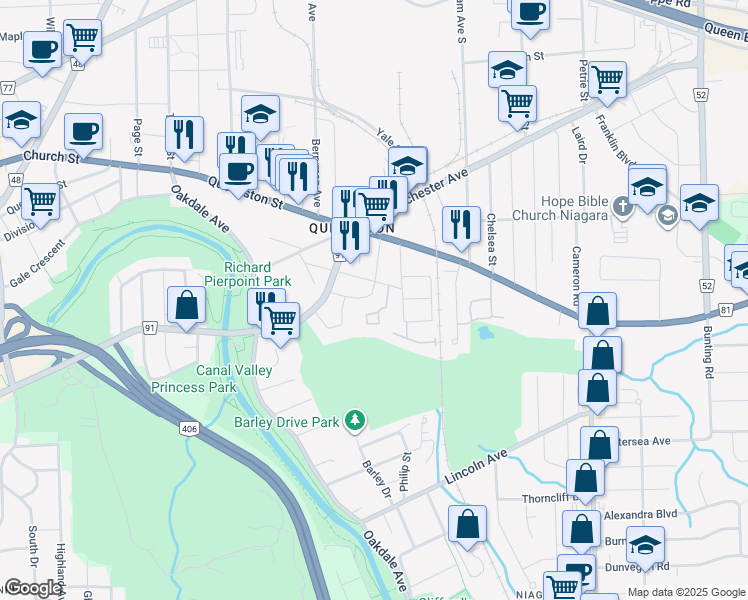 map of restaurants, bars, coffee shops, grocery stores, and more near 23 Clayburn Avenue in St. Catharines