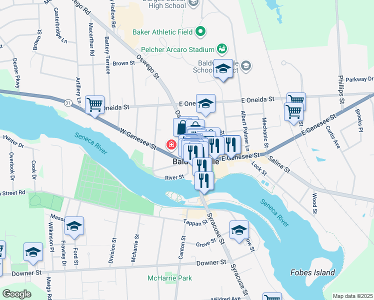map of restaurants, bars, coffee shops, grocery stores, and more near 43 Oswego Street in Baldwinsville