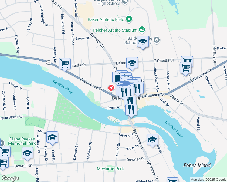 map of restaurants, bars, coffee shops, grocery stores, and more near 32 West Genesee Street in Baldwinsville