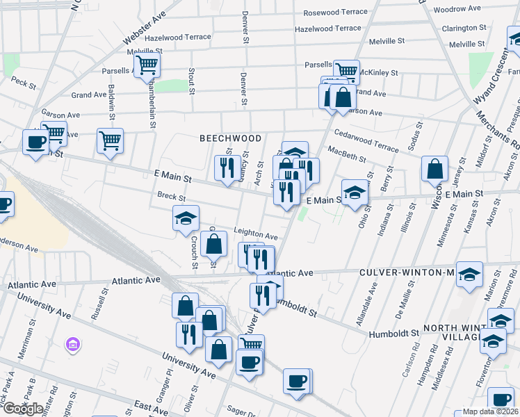 map of restaurants, bars, coffee shops, grocery stores, and more near 18 Bowman Street in Rochester