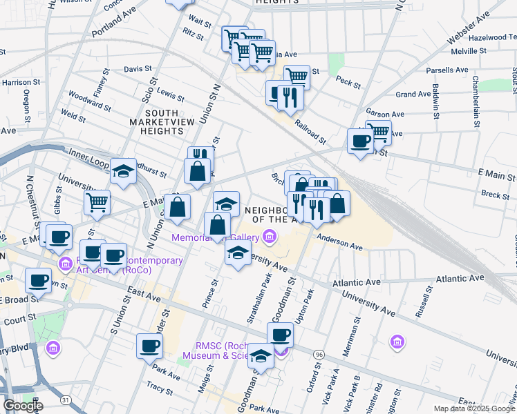 map of restaurants, bars, coffee shops, grocery stores, and more near in Rochester