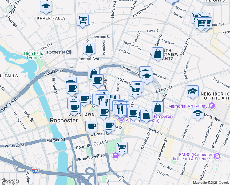 map of restaurants, bars, coffee shops, grocery stores, and more near in Rochester