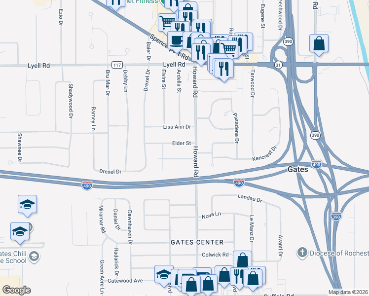 map of restaurants, bars, coffee shops, grocery stores, and more near 47 Elder Street in Rochester