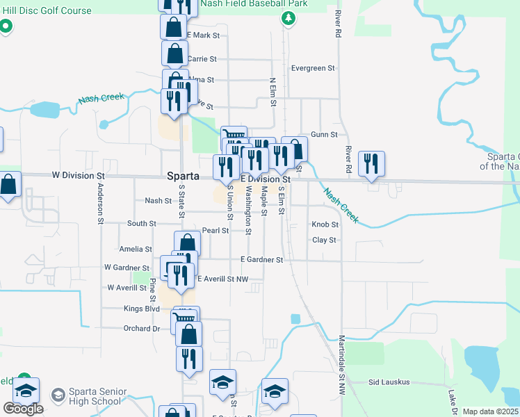 map of restaurants, bars, coffee shops, grocery stores, and more near 69 Maple Street in Sparta