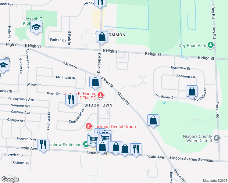 map of restaurants, bars, coffee shops, grocery stores, and more near 385 Akron Street in Lockport