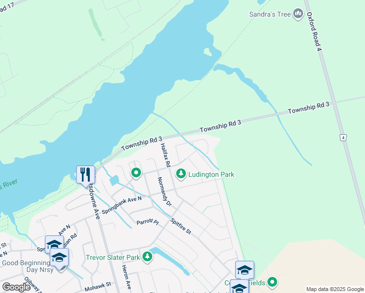 map of restaurants, bars, coffee shops, grocery stores, and more near 144 Juno Crescent in Woodstock