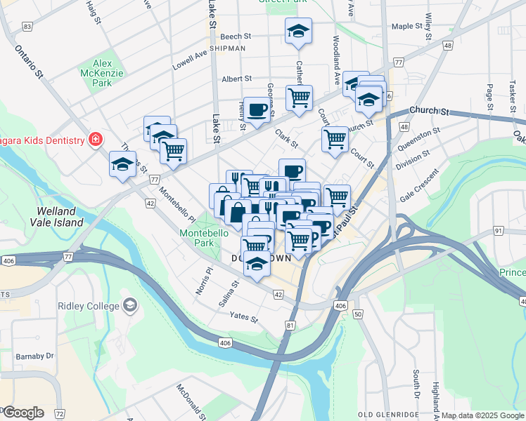map of restaurants, bars, coffee shops, grocery stores, and more near 47 Church Street in St. Catharines