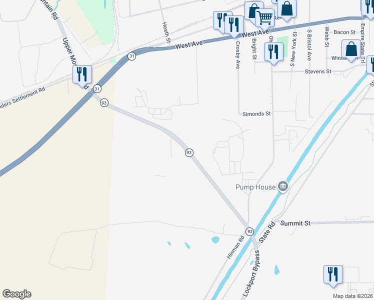 map of restaurants, bars, coffee shops, grocery stores, and more near New York 93 in Lockport