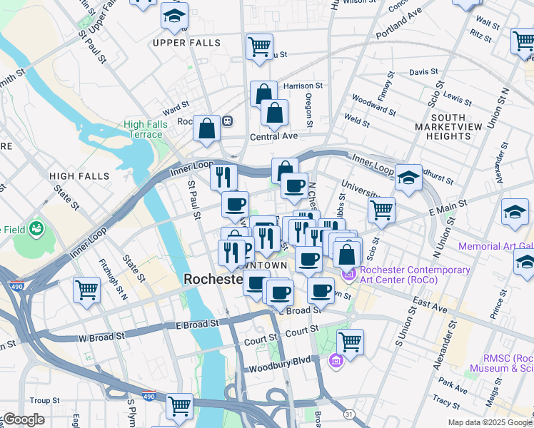 map of restaurants, bars, coffee shops, grocery stores, and more near 98 Pleasant Street in Rochester