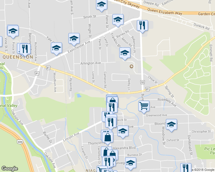map of restaurants, bars, coffee shops, grocery stores, and more near 2 A Cameron Road in St. Catharines