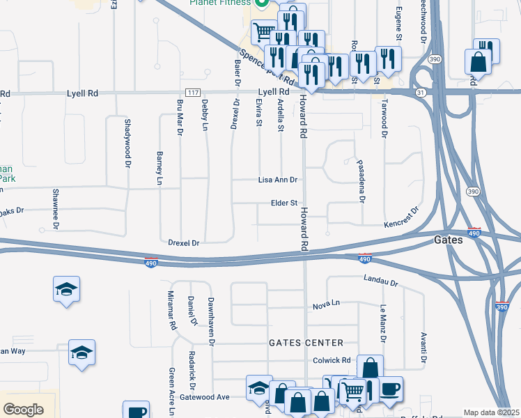 map of restaurants, bars, coffee shops, grocery stores, and more near 95 Elder Street in Rochester