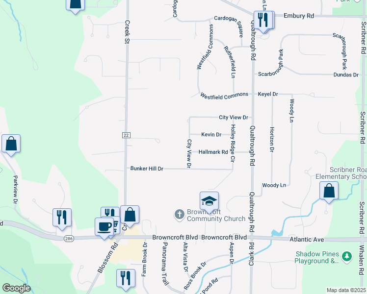 map of restaurants, bars, coffee shops, grocery stores, and more near 183 City View Drive in Rochester