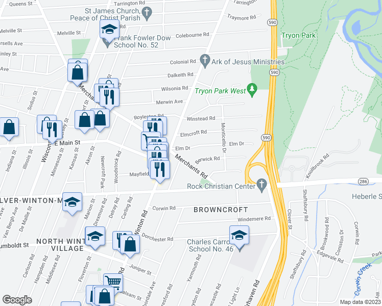 map of restaurants, bars, coffee shops, grocery stores, and more near 69 Elm Drive in Rochester