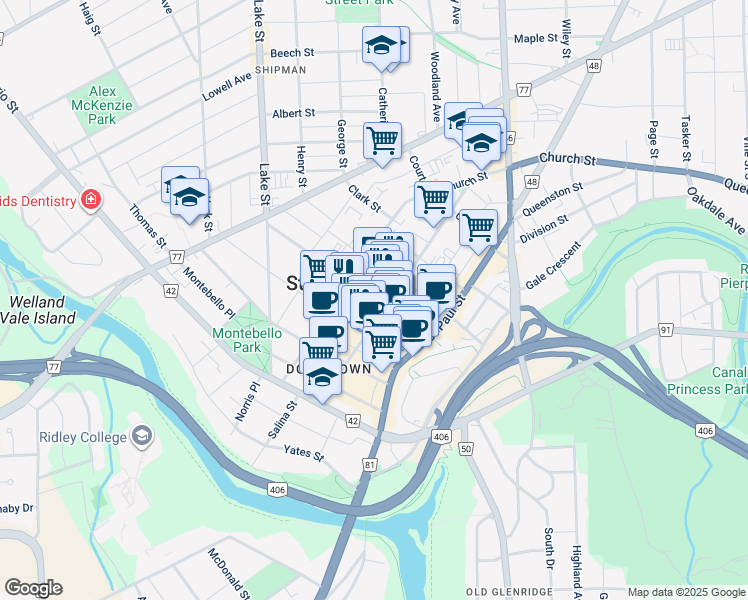 map of restaurants, bars, coffee shops, grocery stores, and more near 88 James Street in St. Catharines