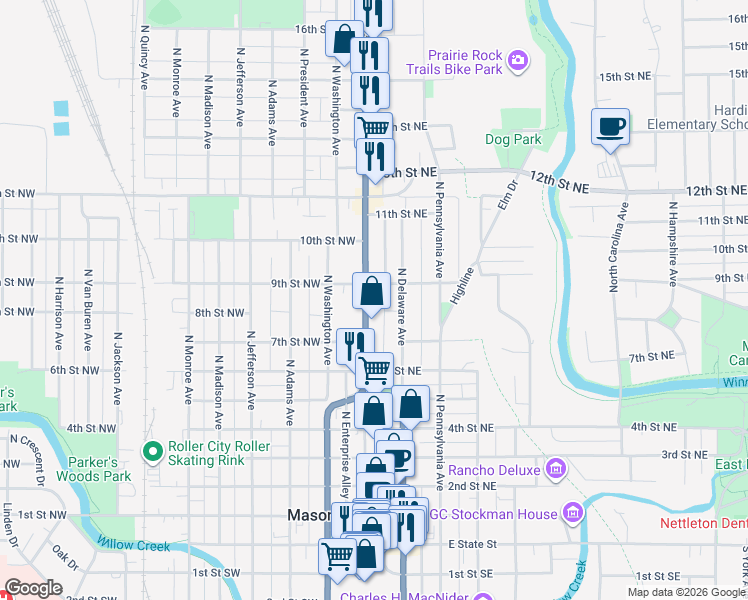map of restaurants, bars, coffee shops, grocery stores, and more near 809 North Federal Avenue in Mason City