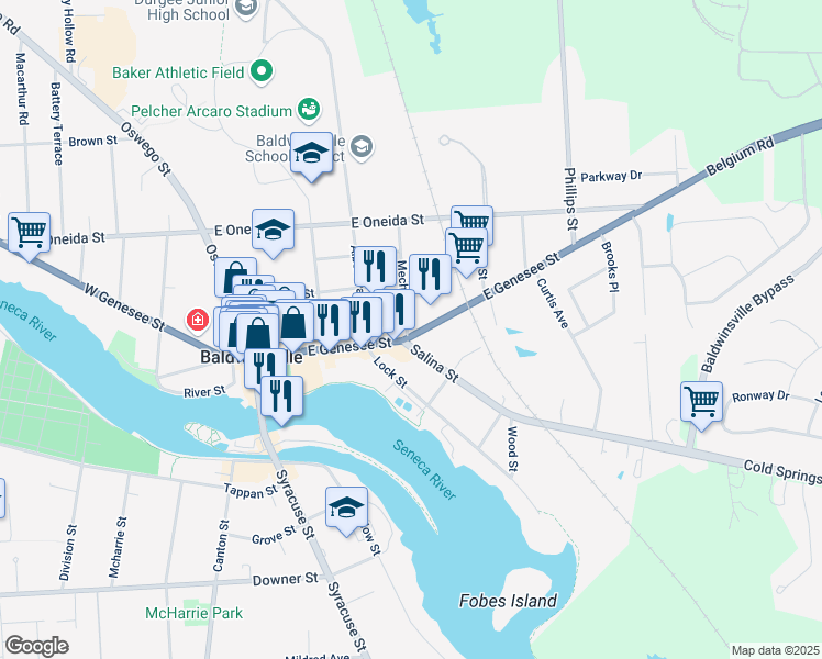 map of restaurants, bars, coffee shops, grocery stores, and more near 55 East Genesee Street in Baldwinsville