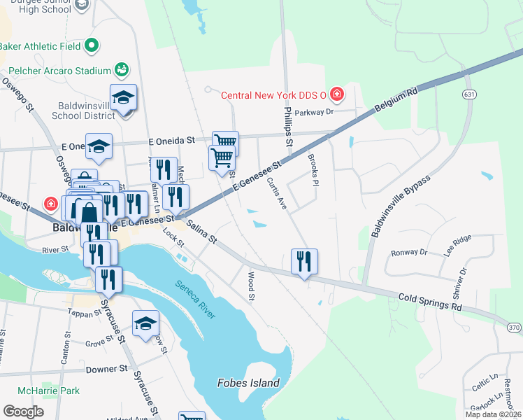 map of restaurants, bars, coffee shops, grocery stores, and more near 14 Curtis Ave in Baldwinsville