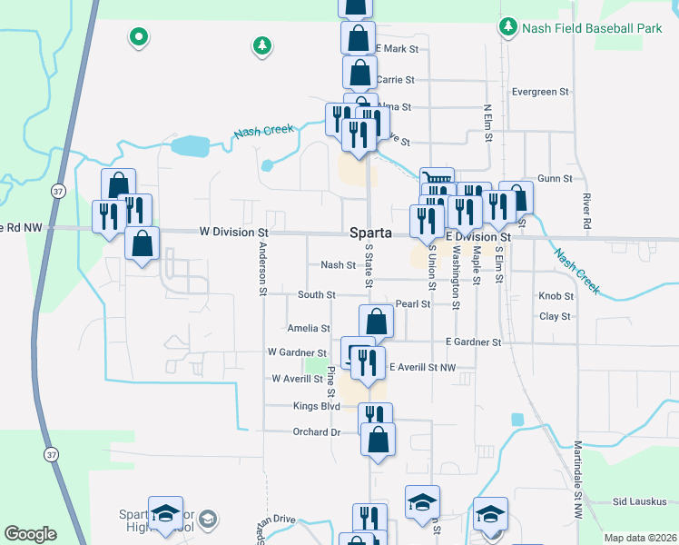 map of restaurants, bars, coffee shops, grocery stores, and more near 56 Nash St in Sparta