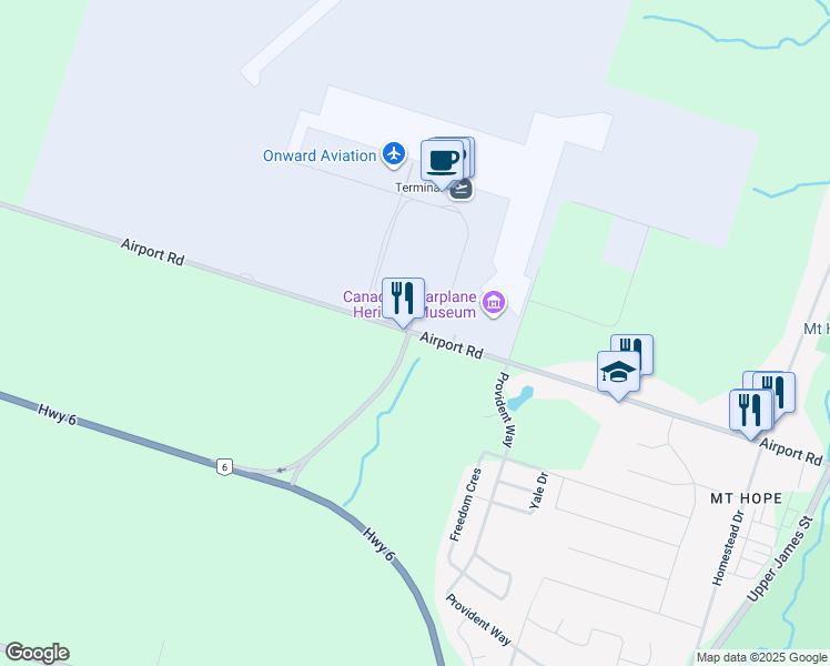 map of restaurants, bars, coffee shops, grocery stores, and more near 9255 Airport Road West in Hamilton