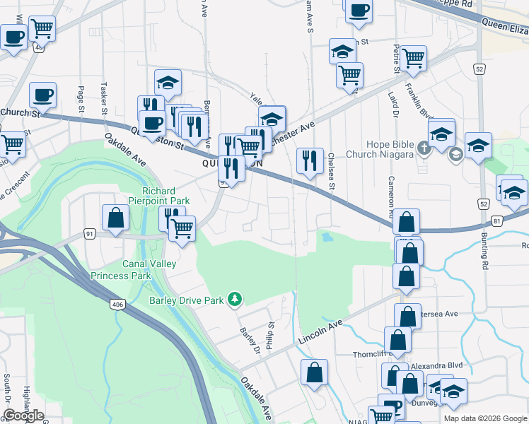 map of restaurants, bars, coffee shops, grocery stores, and more near 32 Woodburn Avenue in St. Catharines