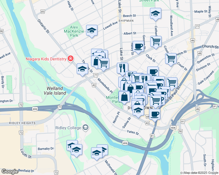map of restaurants, bars, coffee shops, grocery stores, and more near 8 Montebello Place in St. Catharines