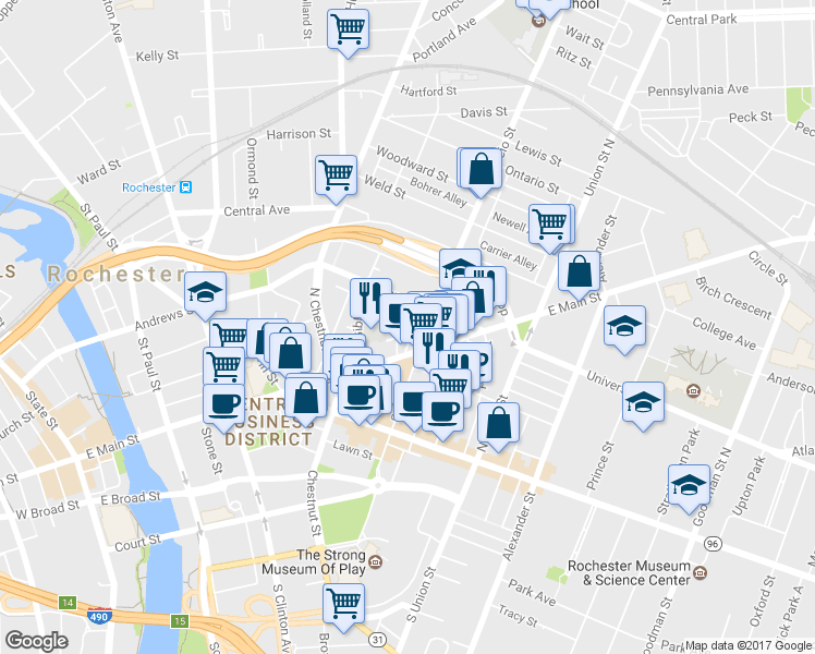 map of restaurants, bars, coffee shops, grocery stores, and more near 44 Windsor Street in Rochester