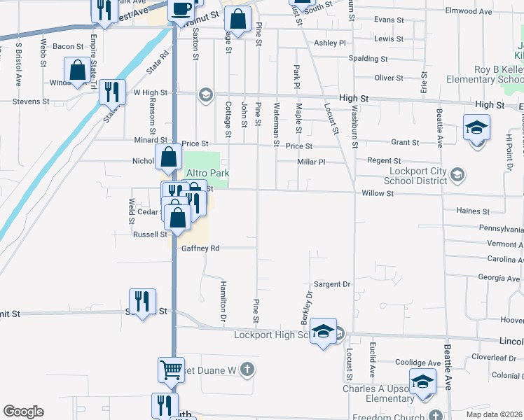 map of restaurants, bars, coffee shops, grocery stores, and more near 398 Pine Street in Lockport