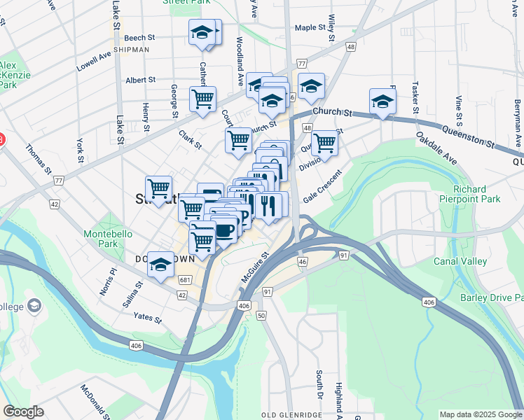 map of restaurants, bars, coffee shops, grocery stores, and more near 306 Saint Paul Street in St. Catharines