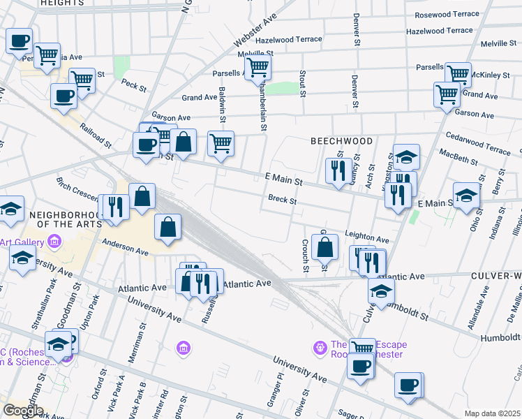 map of restaurants, bars, coffee shops, grocery stores, and more near 1 Chapel St in Rochester