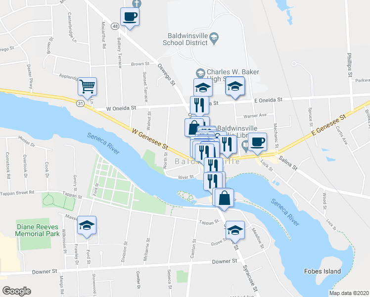 map of restaurants, bars, coffee shops, grocery stores, and more near 28 West Genesee Street in Baldwinsville