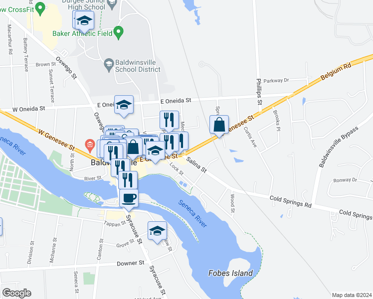 map of restaurants, bars, coffee shops, grocery stores, and more near 55 East Genesee Street in Baldwinsville