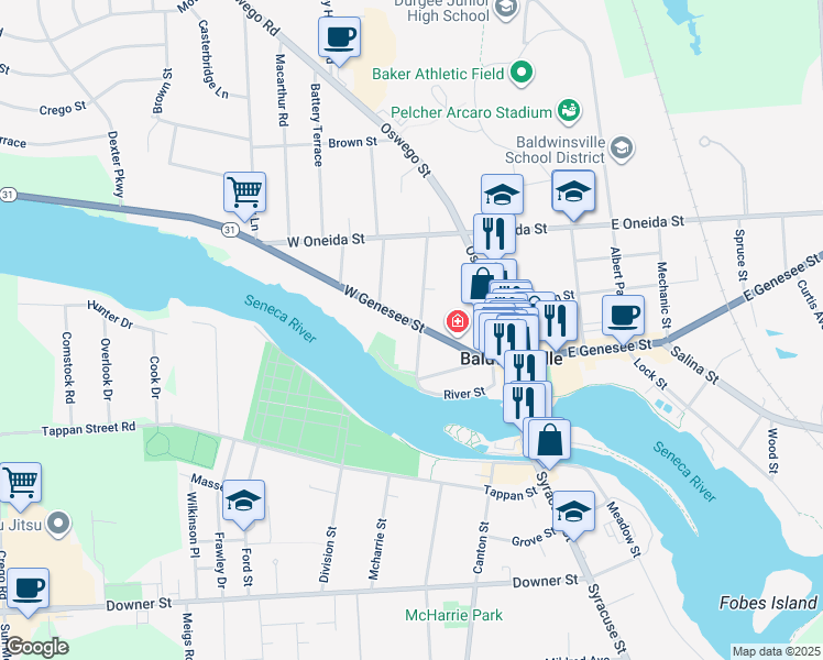 map of restaurants, bars, coffee shops, grocery stores, and more near 33 West Genesee Street in Baldwinsville