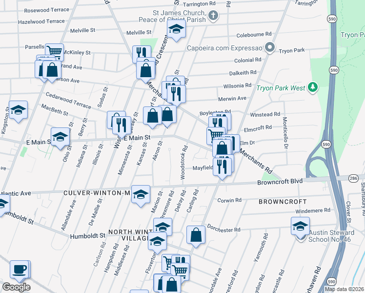 map of restaurants, bars, coffee shops, grocery stores, and more near 2213 East Main Street in Rochester