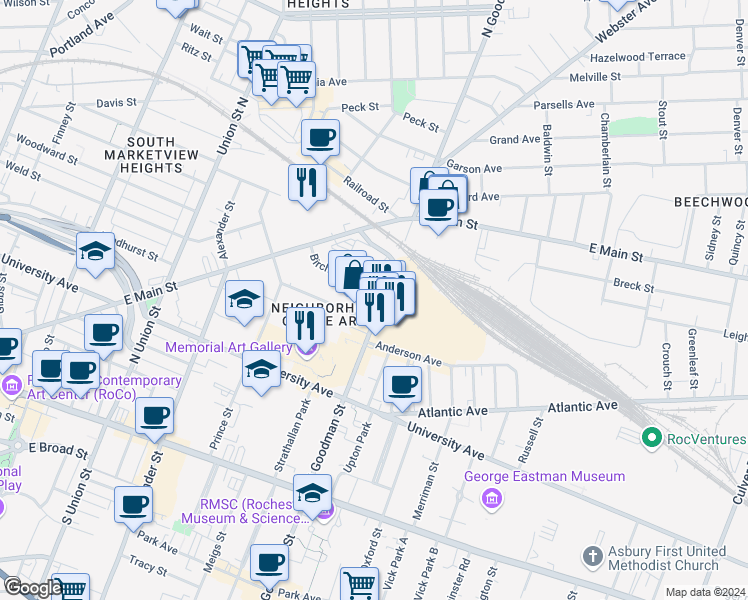map of restaurants, bars, coffee shops, grocery stores, and more near 301 North Goodman Street in Rochester