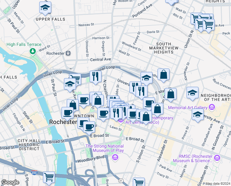 map of restaurants, bars, coffee shops, grocery stores, and more near in Rochester