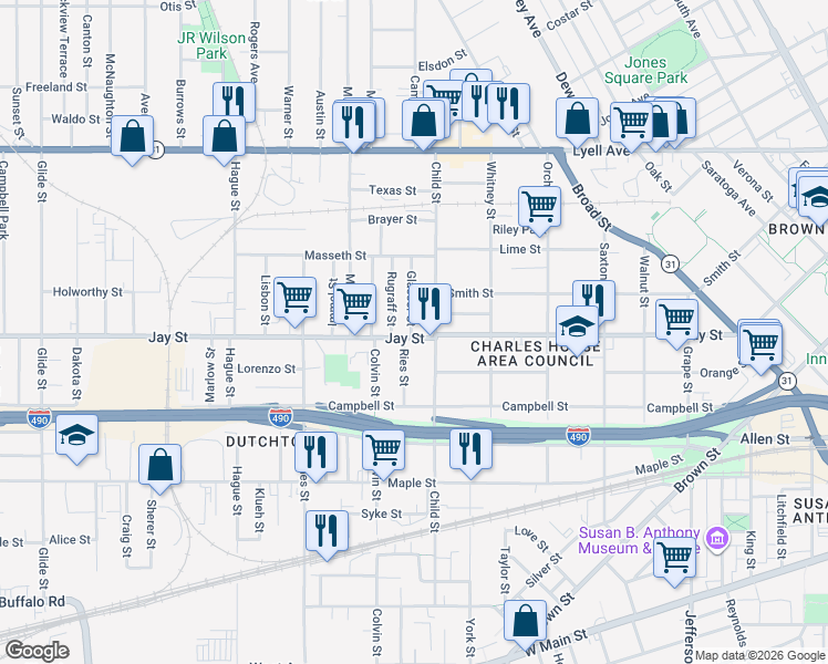 map of restaurants, bars, coffee shops, grocery stores, and more near 726 Jay Street in Rochester